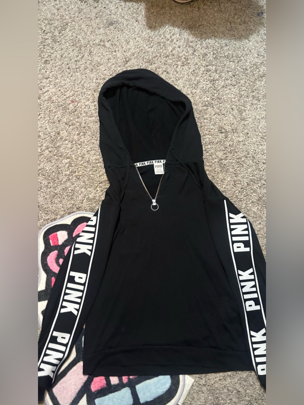 Victoria's Secret PINK Black Hooded Pullover with White Sleeve Logo Tape